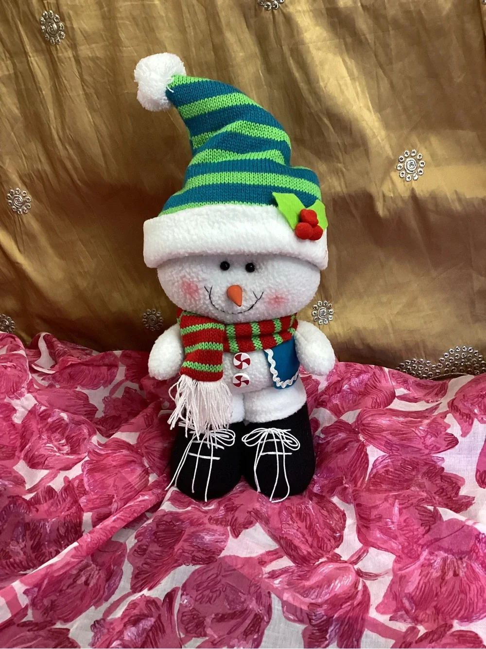 Plush Holiday Snowman with Green Striped Hat and Red-Green Scarf